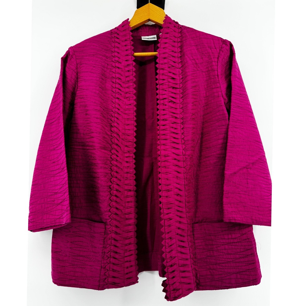 Chicos Magenta Fushsia Textured Open Front Jacket Braided Trim Pockets Sz 1 Med
